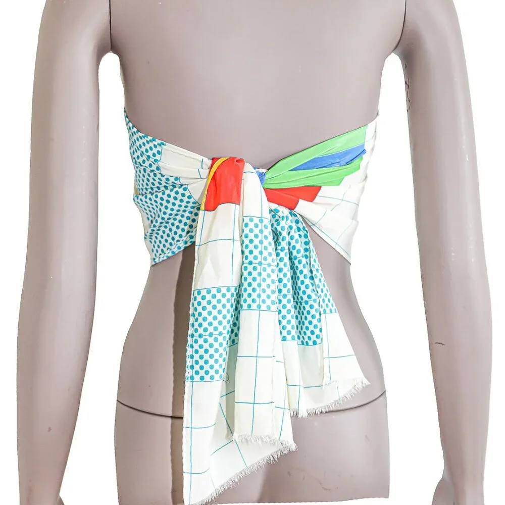 Saks Fifth Avenue Geometric Colorful Silk Scarf Lightweight Travel‎ Fringe Shawl